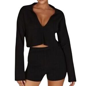 Meshki‎ Lennox Collared Knit Jumper Black Deep V-Neck Crop Top TP04928KD3 Medium